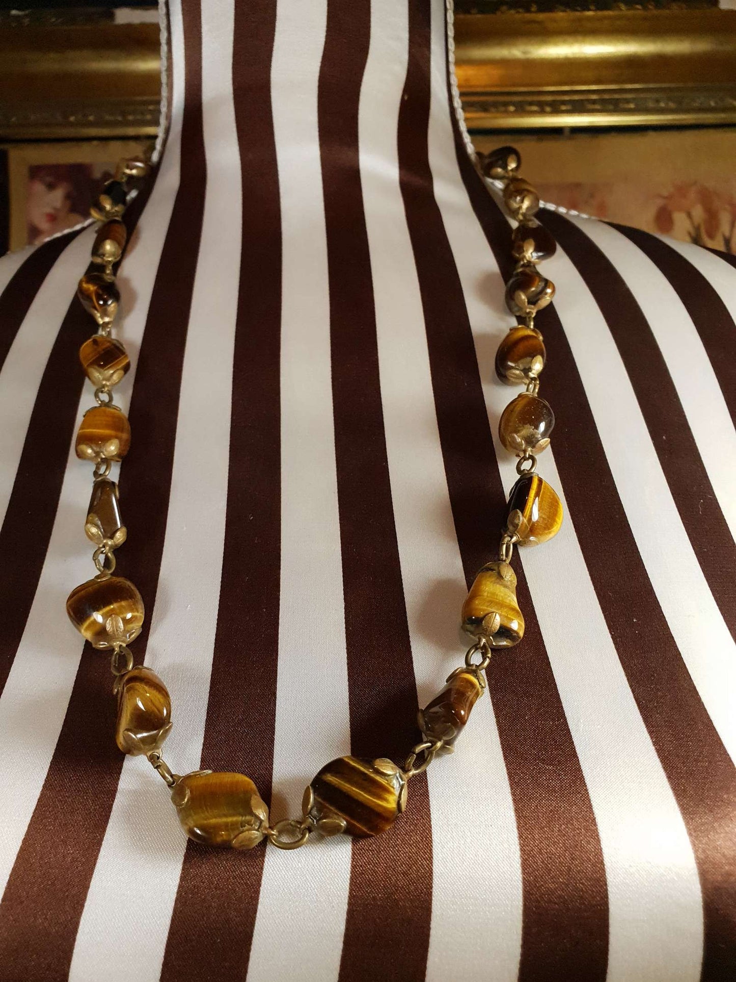 Vintage 1920s Tiger's Eye Art Deco Necklace 26" Brass Antique Gemstone