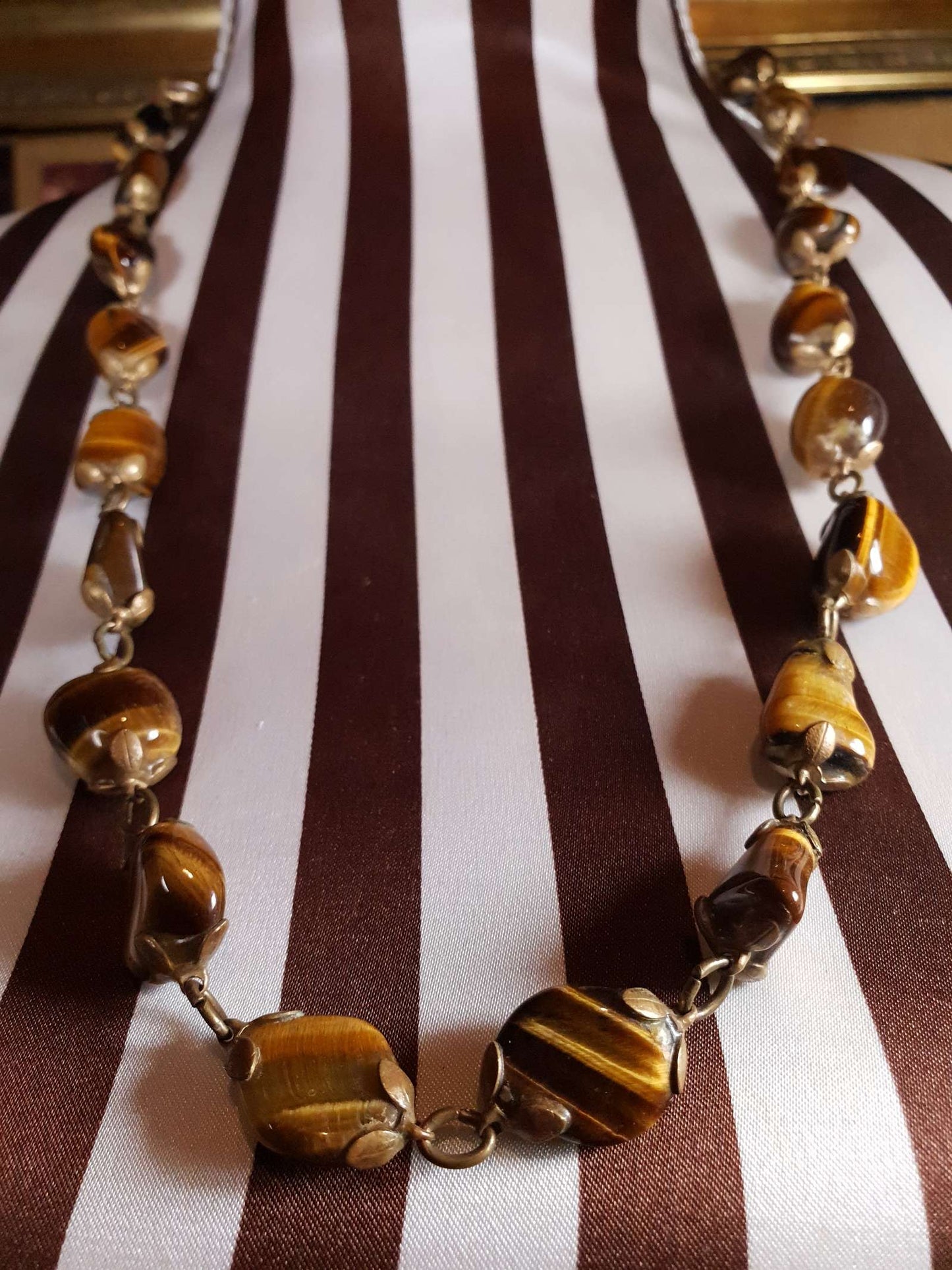 Vintage 1920s Tiger's Eye Art Deco Necklace 26" Brass Antique Gemstone