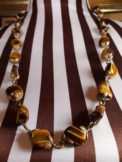 Vintage 1920s Tiger's Eye Art Deco Necklace 26" Brass Antique Gemstone