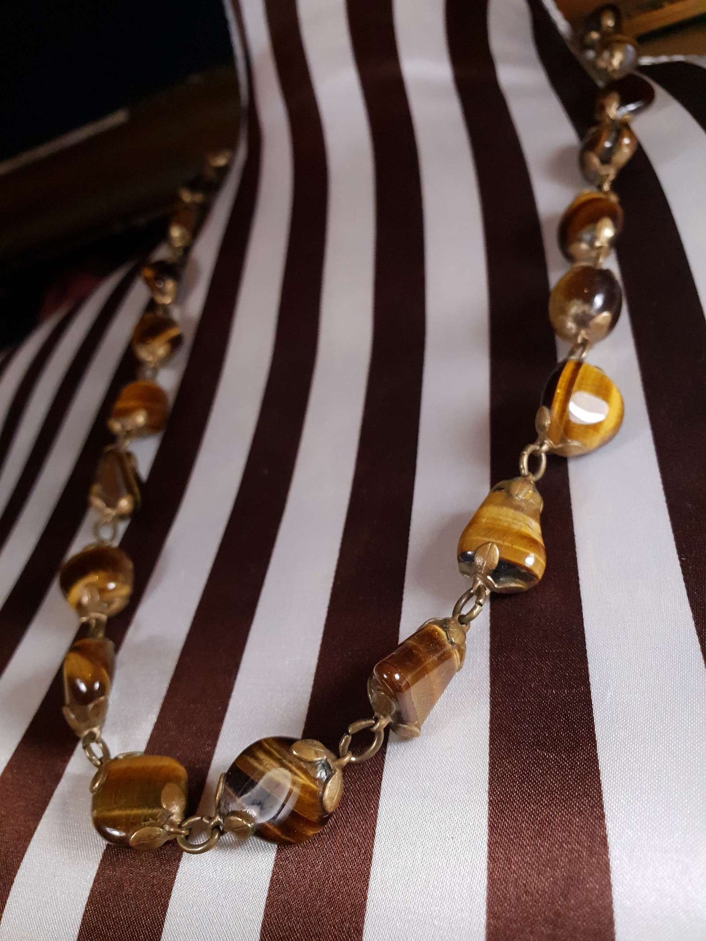 Vintage 1920s Tiger's Eye Art Deco Necklace 26" Brass Antique Gemstone