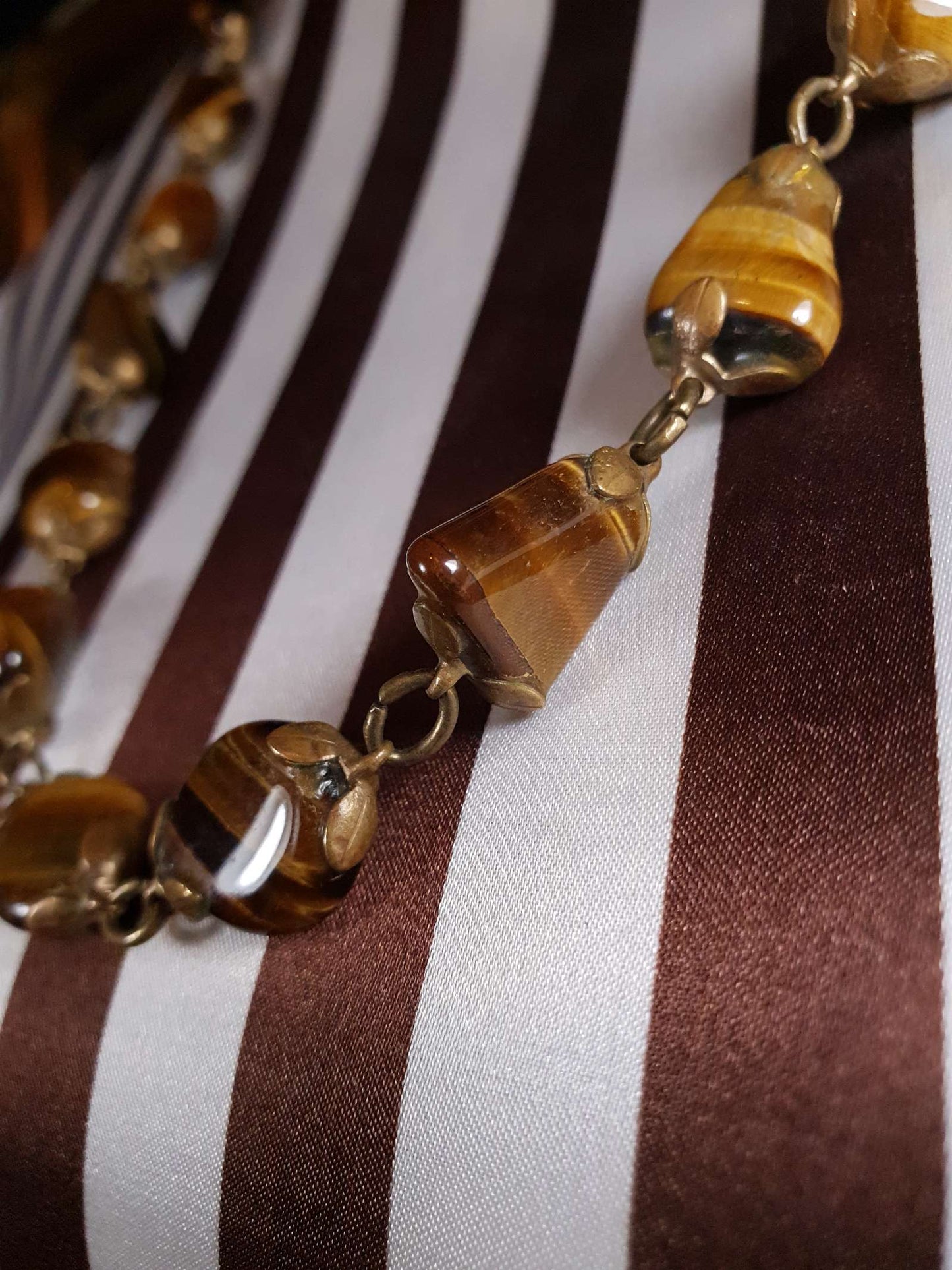 Vintage 1920s Tiger's Eye Art Deco Necklace 26" Brass Antique Gemstone