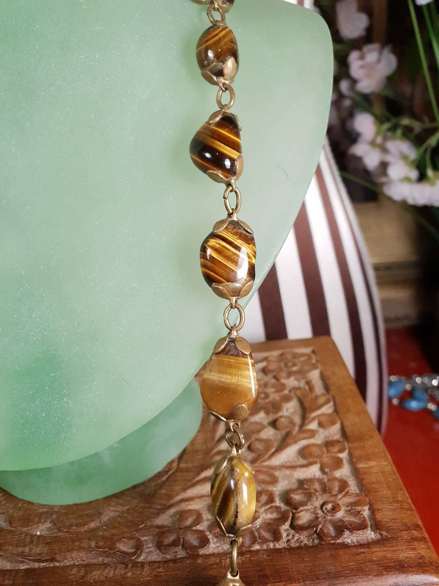 Vintage 1920s Tiger's Eye Art Deco Necklace 26" Brass Antique Gemstone