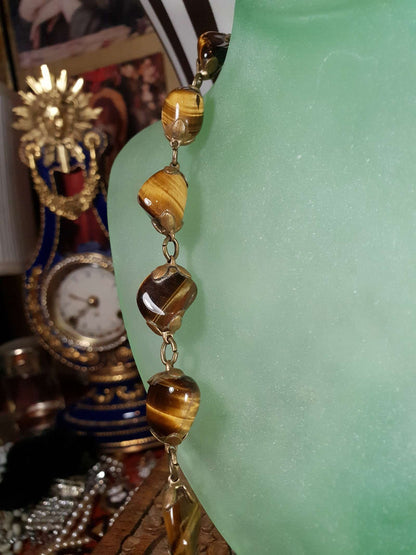 Vintage 1920s Tiger's Eye Art Deco Necklace 26" Brass Antique Gemstone