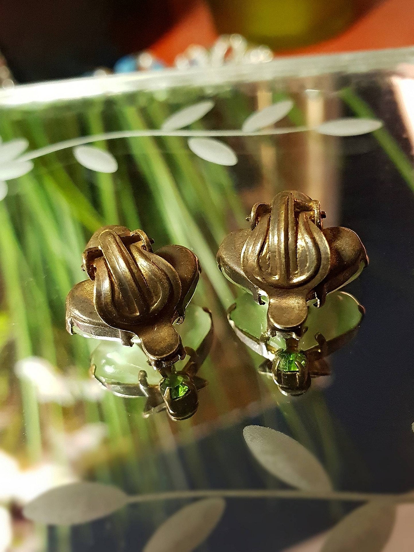 Vintage 1930s Green Earrings Teardrop Cabochon Rhinestone Clip-Ons Brass
