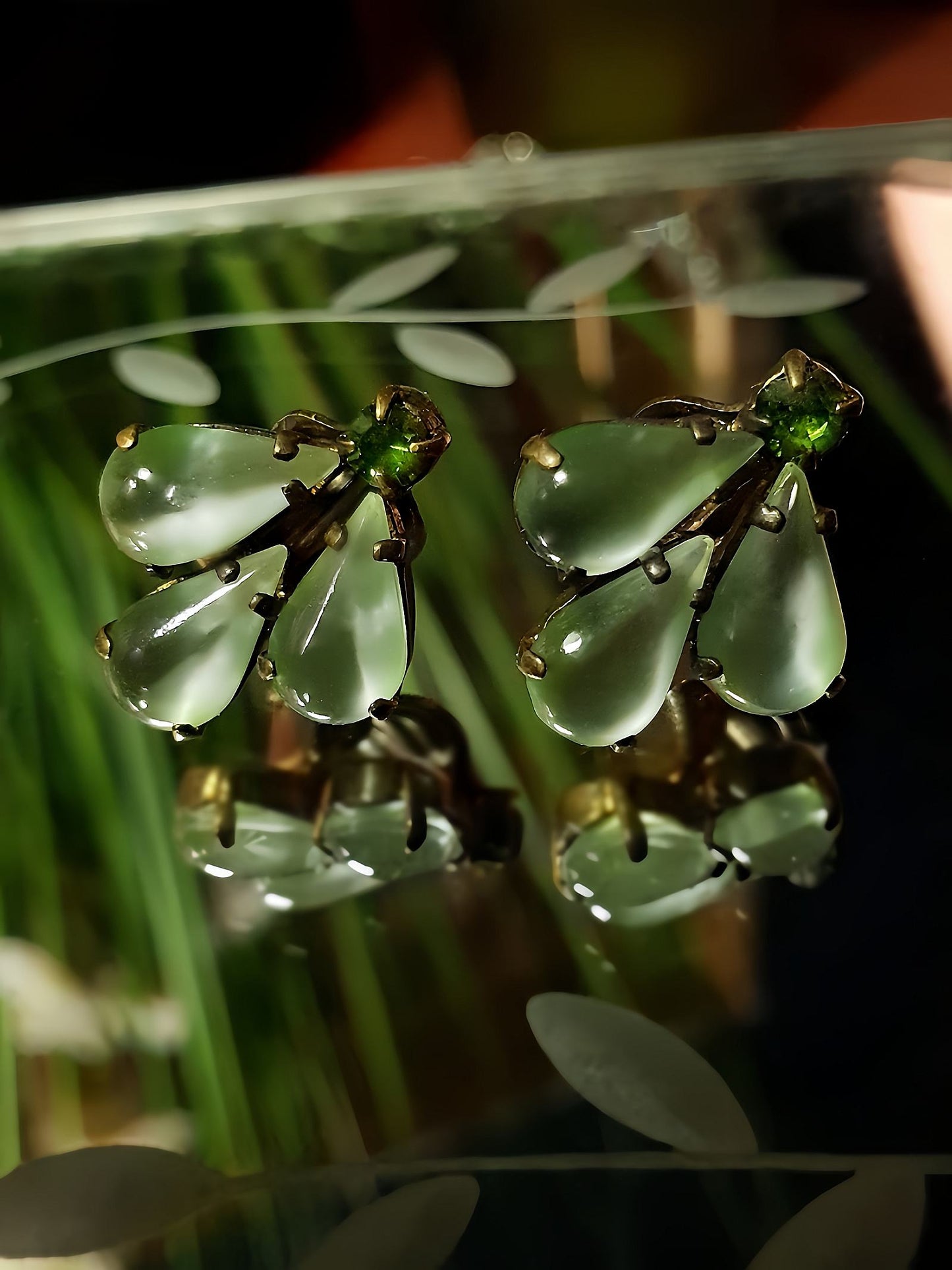 Vintage 1930s Green Earrings Teardrop Cabochon Rhinestone Clip-Ons Brass
