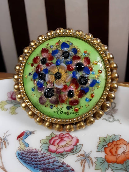 Vintage 1940s Floral Brooch Ceramic Art Glass Flower Pin Signed RARE