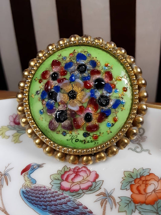 Vintage 1940s Floral Brooch Ceramic Art Glass Flower Pin Signed RARE
