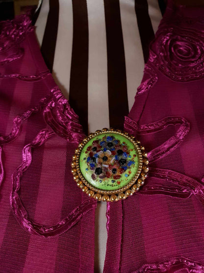 Vintage 1940s Floral Brooch Ceramic Art Glass Flower Pin Signed RARE