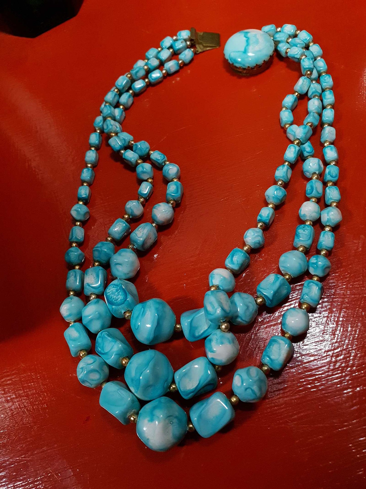 Vintage 1950s Statement Necklace Blue Marbled Three Strand Brass