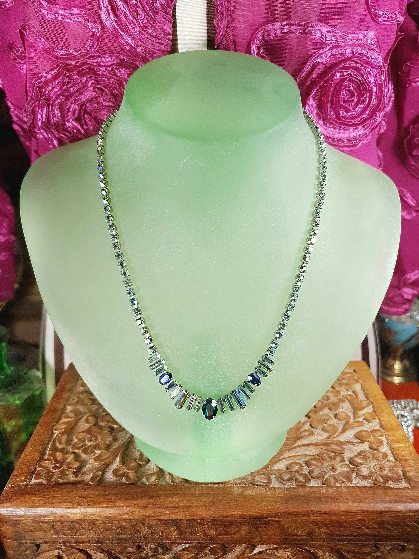 Vintage 1950s Aurora Borealis Rhinestone Necklace 17" Blue Green Mid-Century