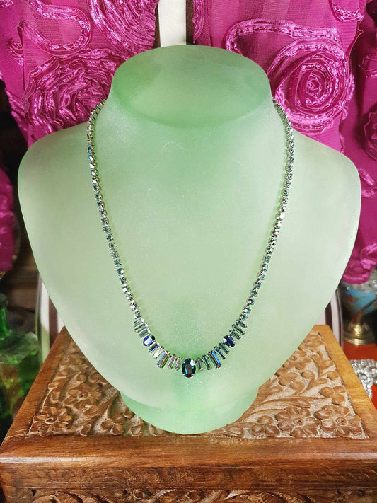 Vintage 1950s Aurora Borealis Rhinestone Necklace 17" Blue Green Mid-Century