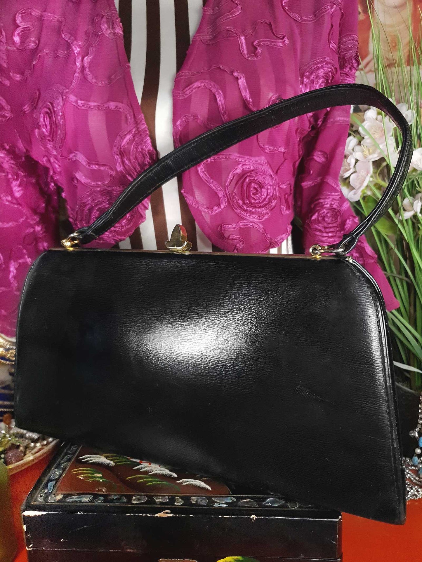 Vintage 1950s Black Leather Handbag Tote Bag Suede Interior Retro