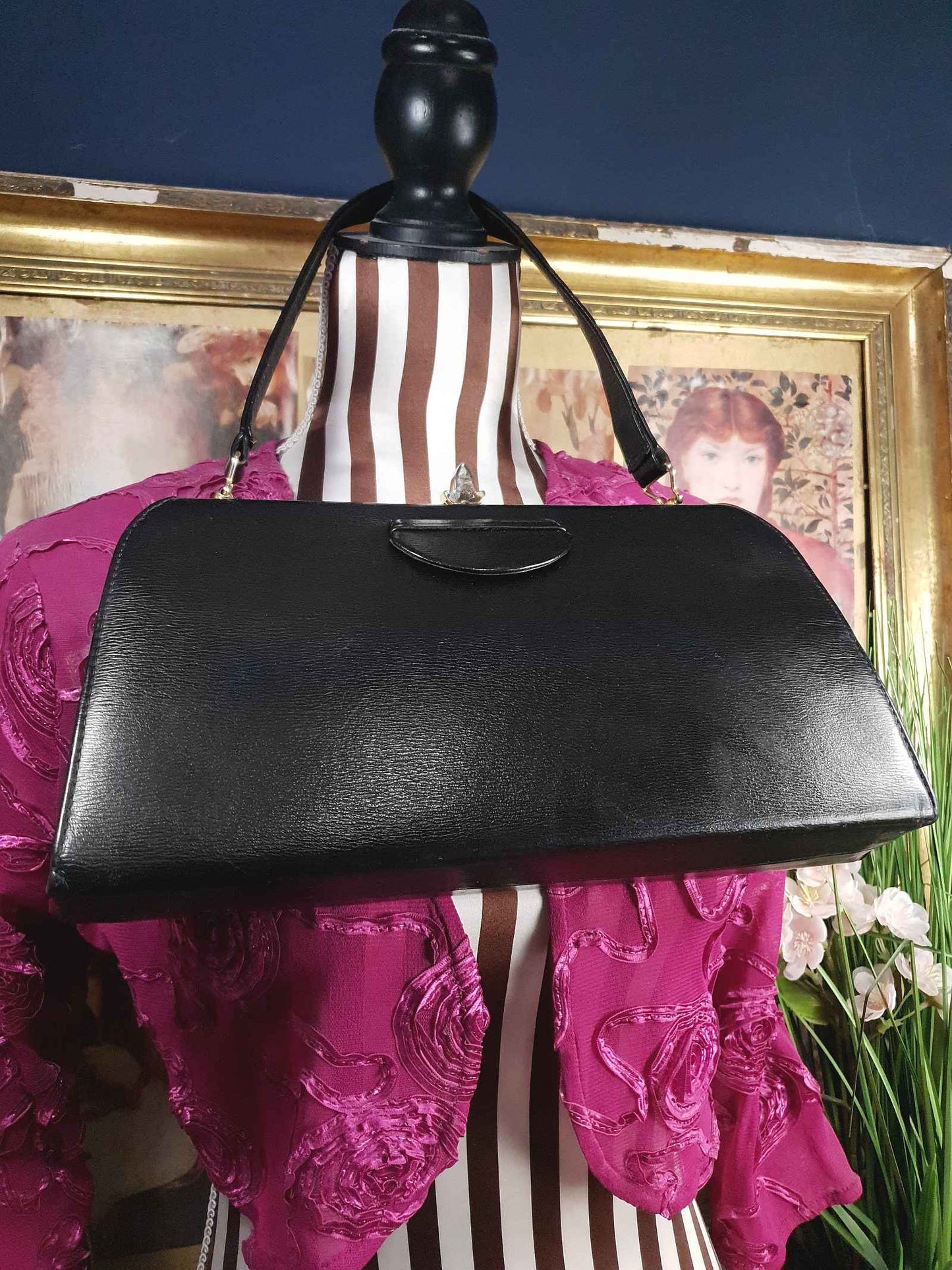 Vintage 1950s Black Leather Handbag Tote Bag Suede Interior Retro
