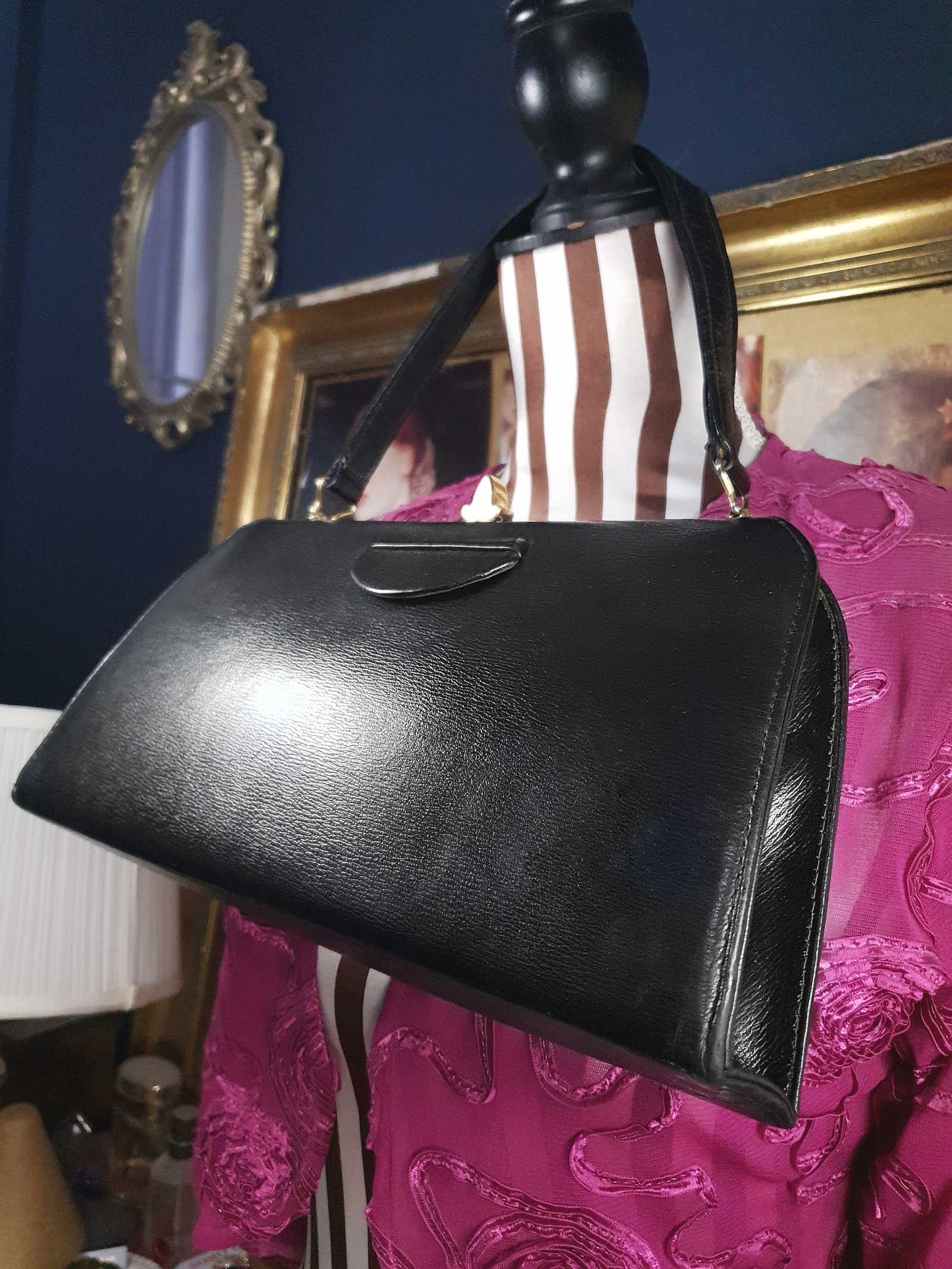 Vintage 1950s Black Leather Handbag Tote Bag Suede Interior Retro
