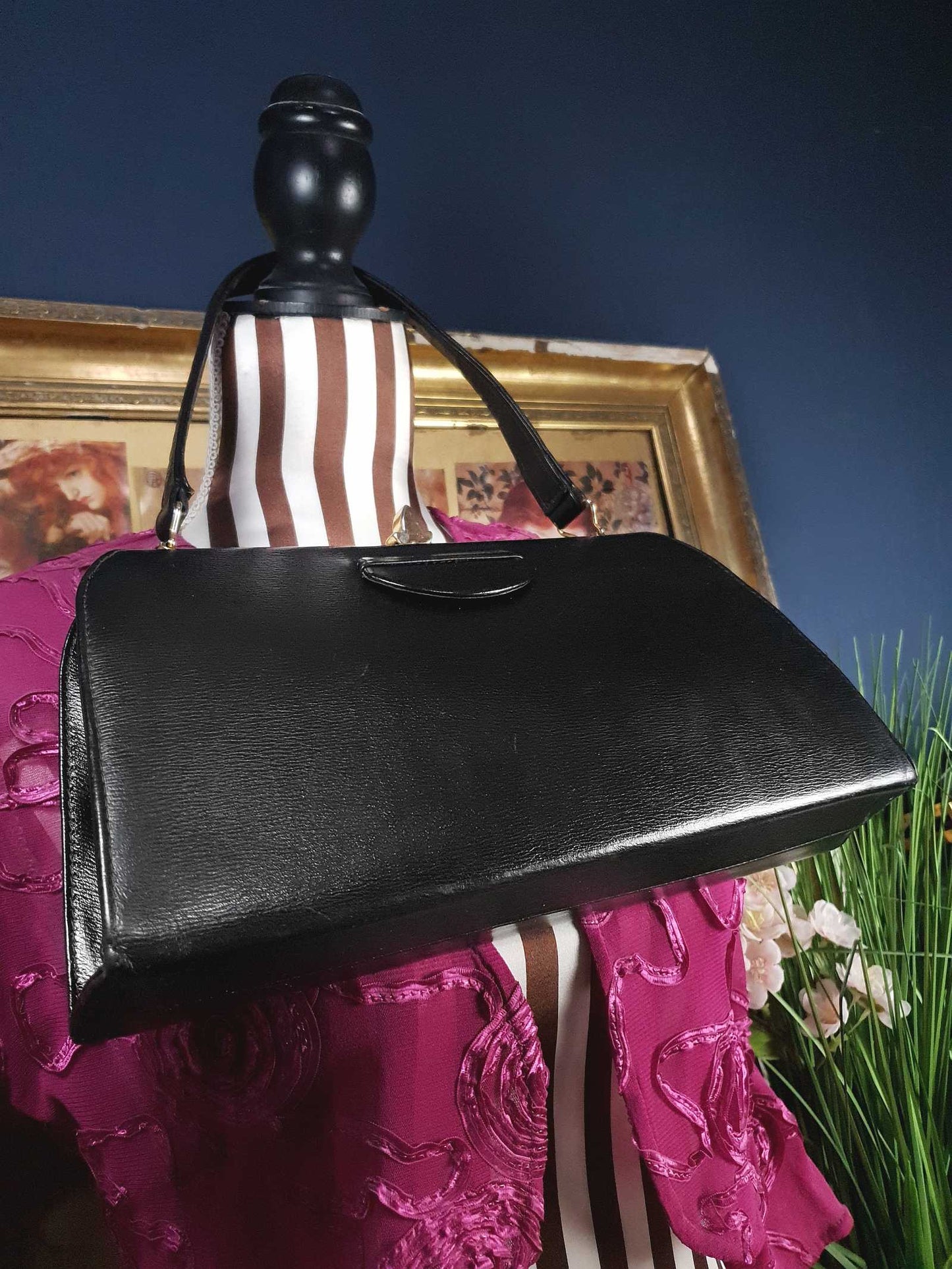 Vintage 1950s Black Leather Handbag Tote Bag Suede Interior Retro