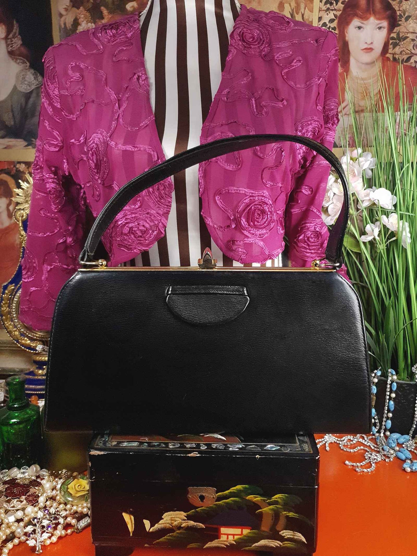 Vintage 1950s Black Leather Handbag Tote Bag Suede Interior Retro