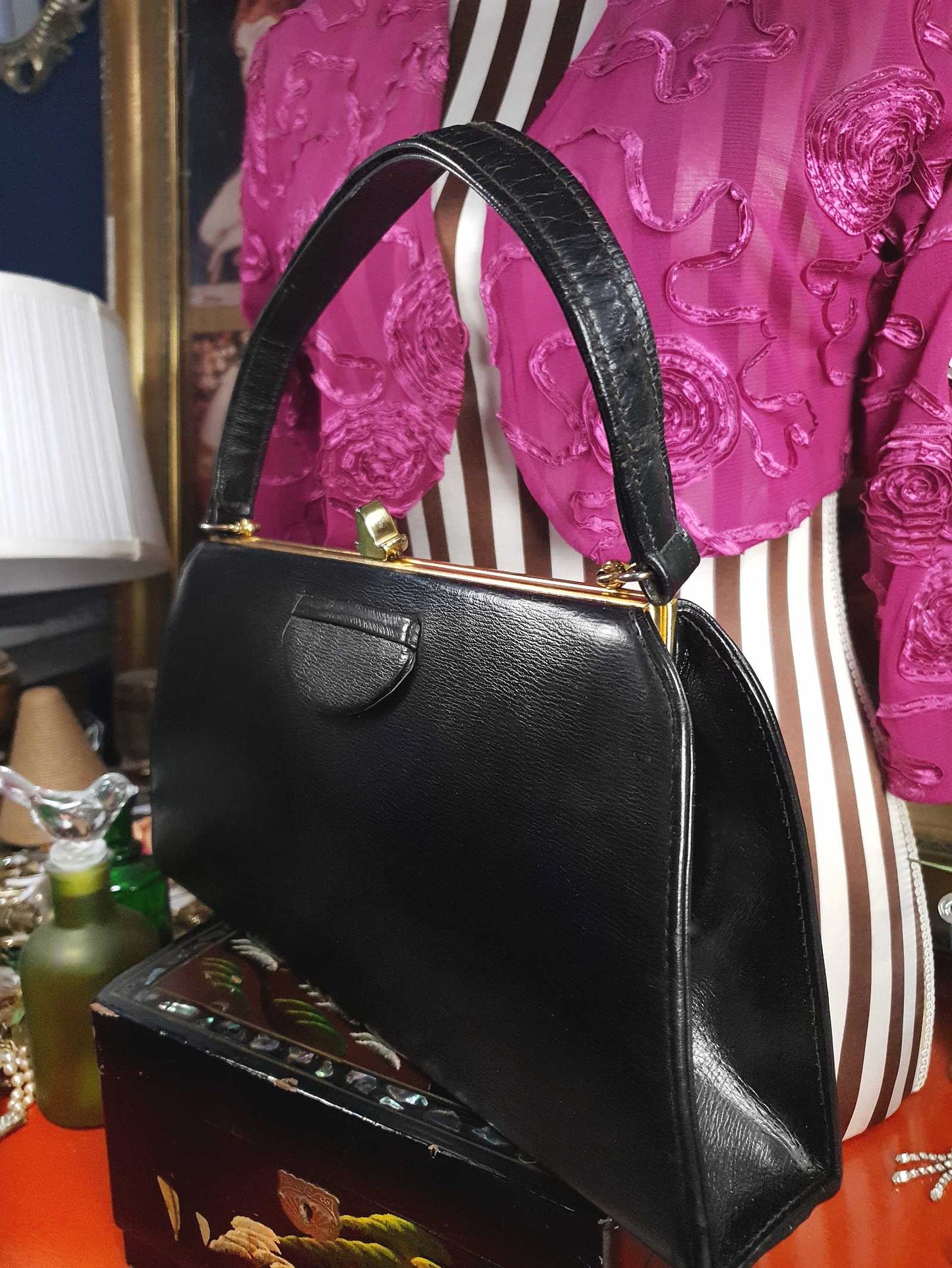 Vintage 1950s Black Leather Handbag Tote Bag Suede Interior Retro