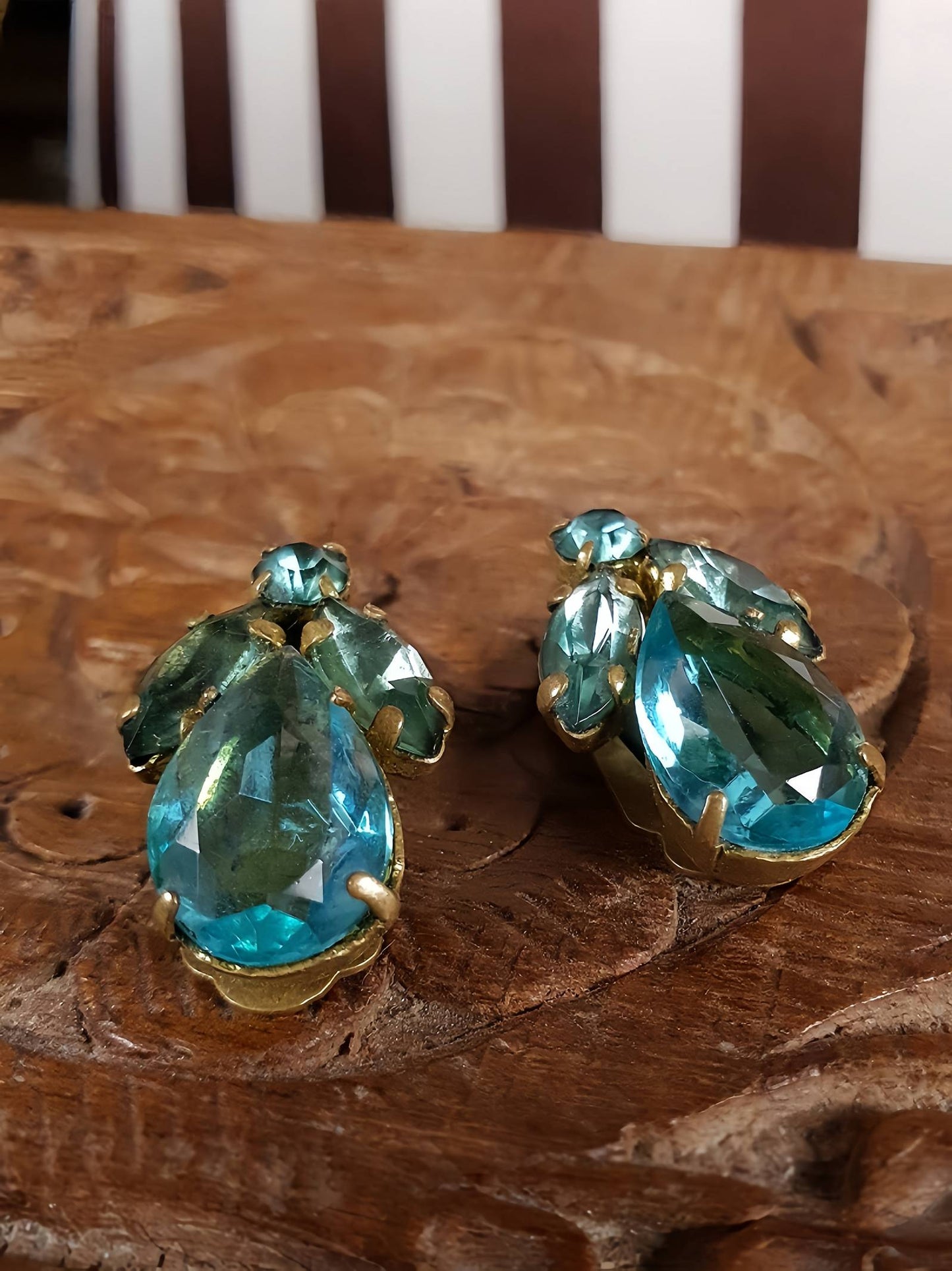 Vintage 1950s Czech Rhinestone Earrings Aqua Blue Brass Clip-Ons Mid Century