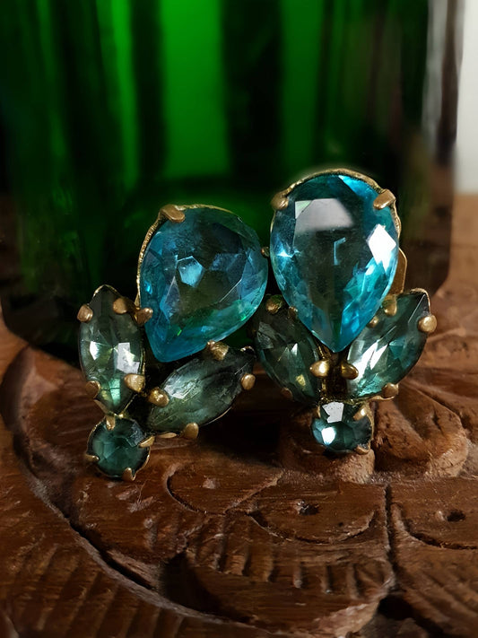 Vintage 1950s Czech Rhinestone Earrings Aqua Blue Brass Clip-Ons Mid Century