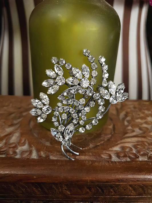 Vintage 1950s Floral Rhinestone Brooch Flower Bouquet Mid-Century