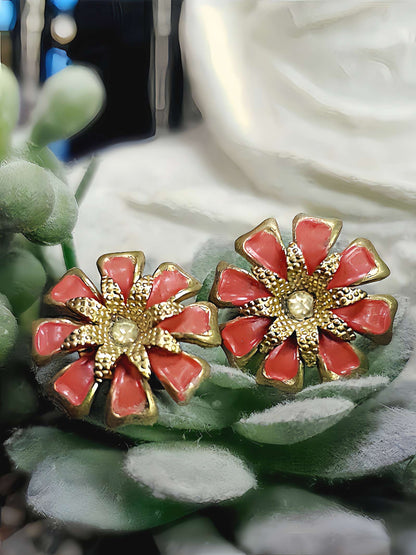 Vintage 1950s Peach Enamel Flower Earrings Rhinestone Clip-Ons Retro Floral