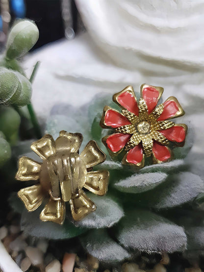 Vintage 1950s Peach Enamel Flower Earrings Rhinestone Clip-Ons Retro Floral