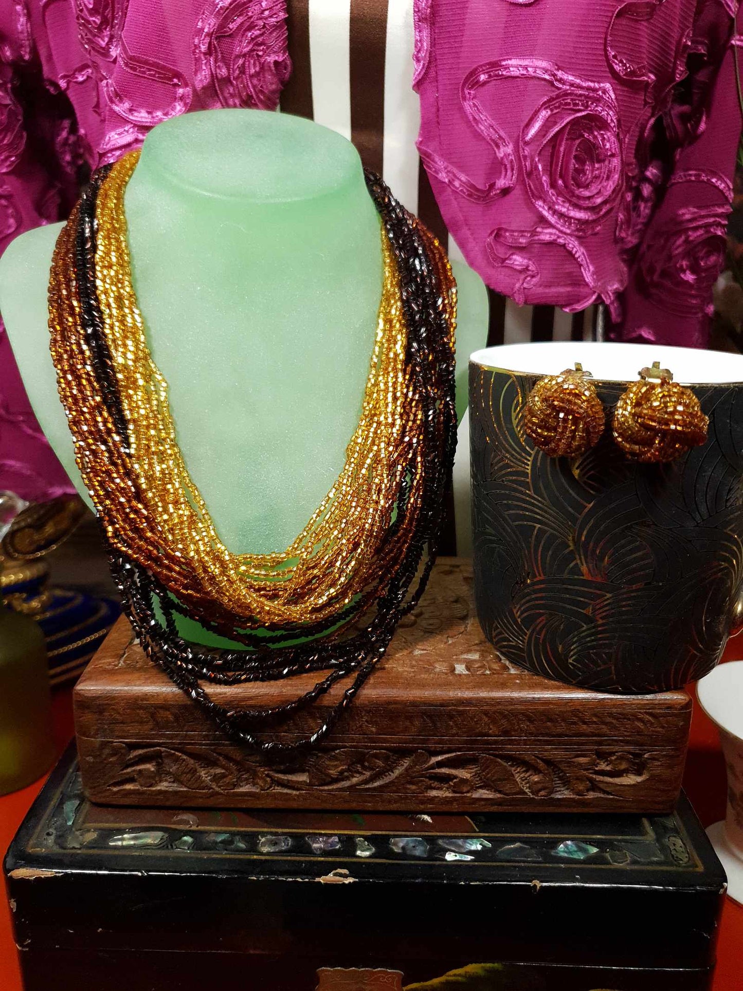 Vintage 1950s Seed Bead Necklace Earrings Set Copper Honey Brown Demi Parure