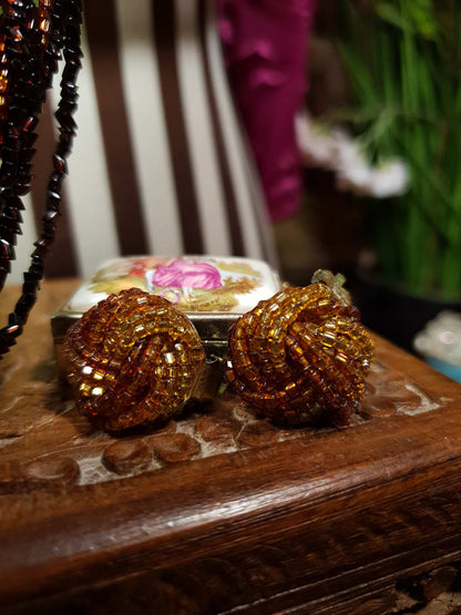 Vintage 1950s Seed Bead Necklace Earrings Set Copper Honey Brown Demi Parure
