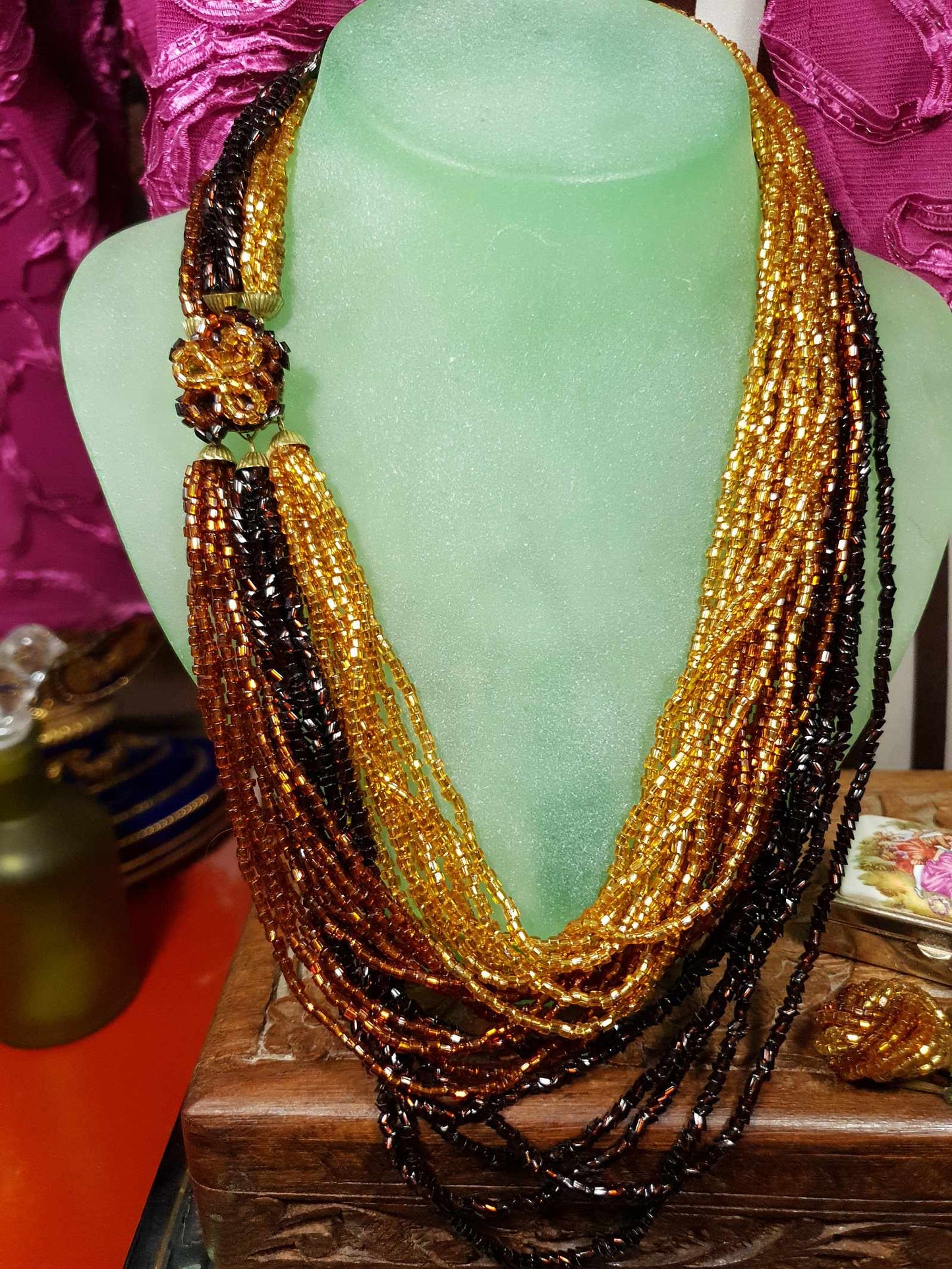Vintage 1950s Seed Bead Necklace Earrings Set Copper Honey Brown Demi Parure