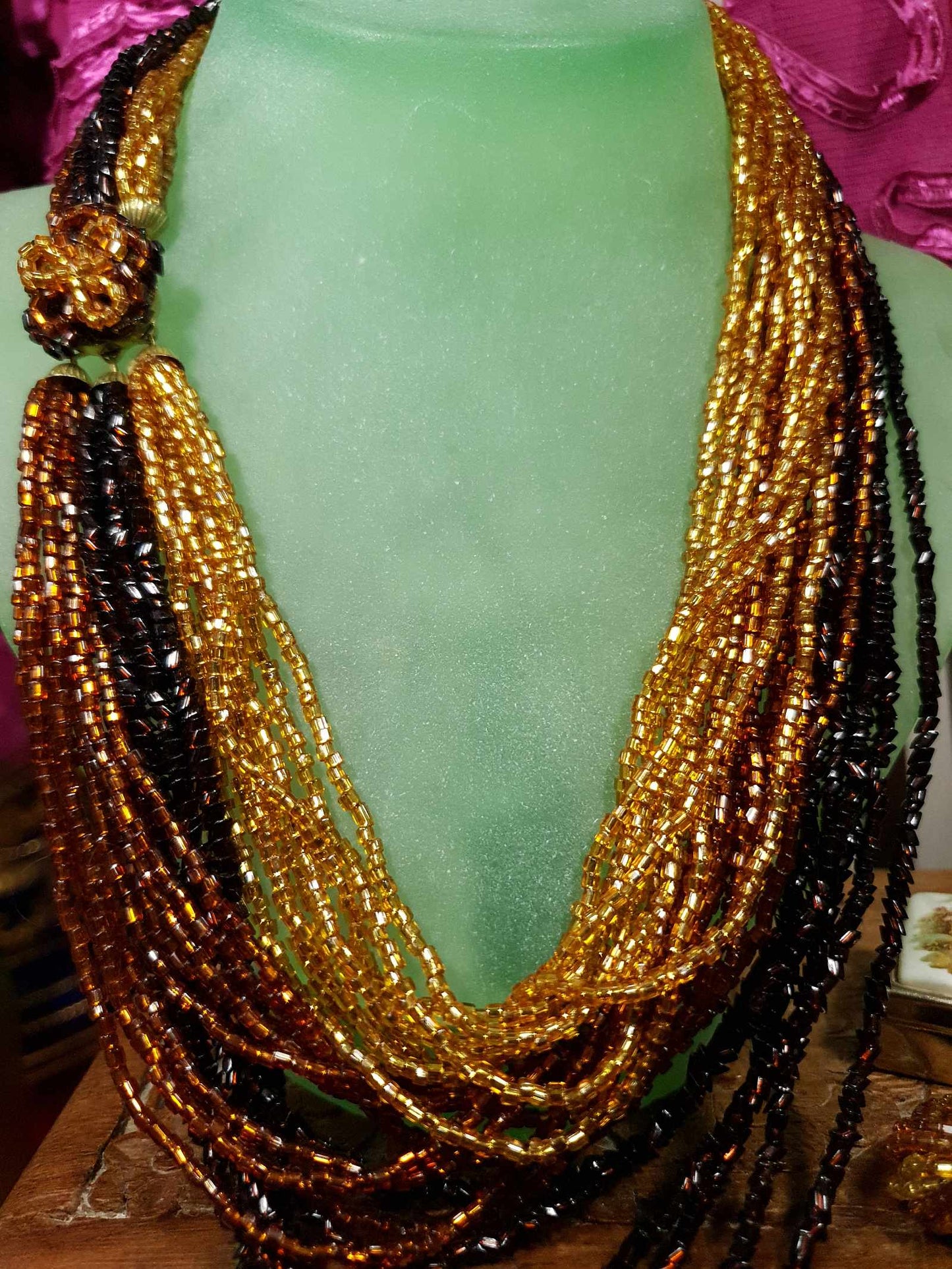 Vintage 1950s Seed Bead Necklace Earrings Set Copper Honey Brown Demi Parure