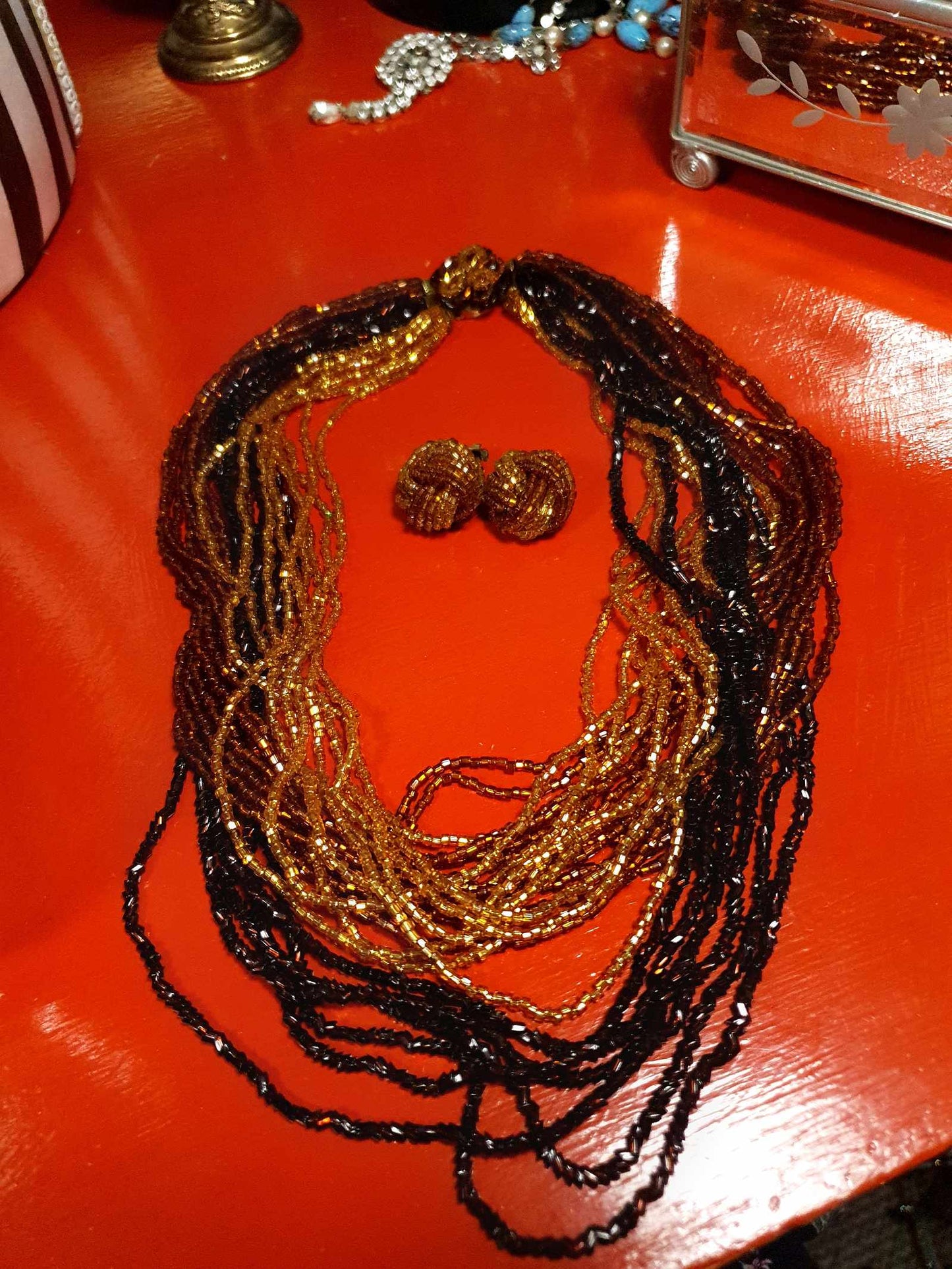Vintage 1950s Seed Bead Necklace Earrings Set Copper Honey Brown Demi Parure