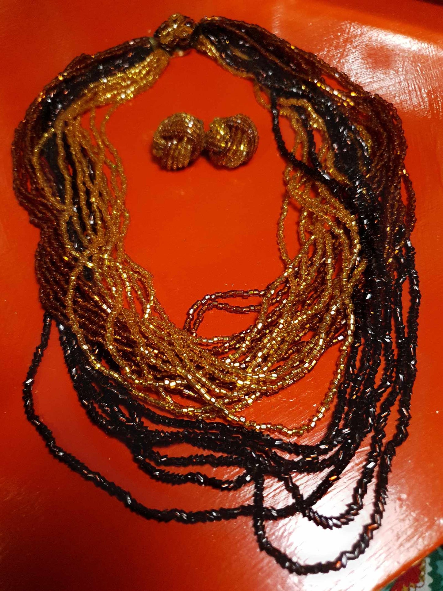 Vintage 1950s Seed Bead Necklace Earrings Set Copper Honey Brown Demi Parure