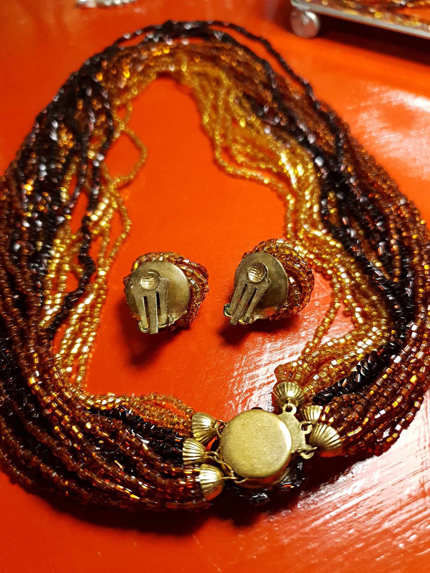 Vintage 1950s Seed Bead Necklace Earrings Set Copper Honey Brown Demi Parure