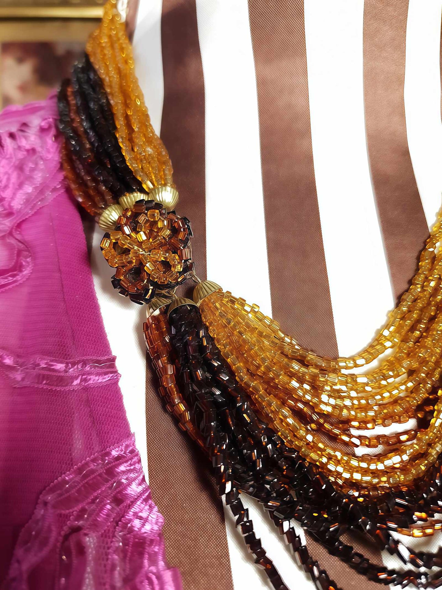 Vintage 1950s Seed Bead Necklace Earrings Set Copper Honey Brown Demi Parure