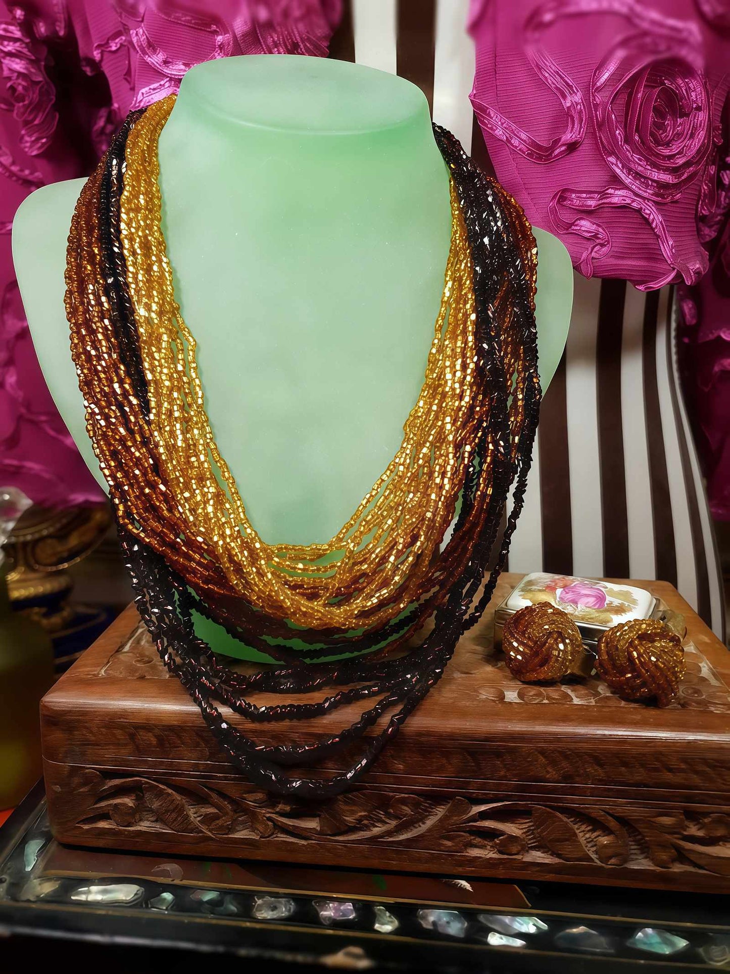 Vintage 1950s Seed Bead Necklace Earrings Set Copper Honey Brown Demi Parure