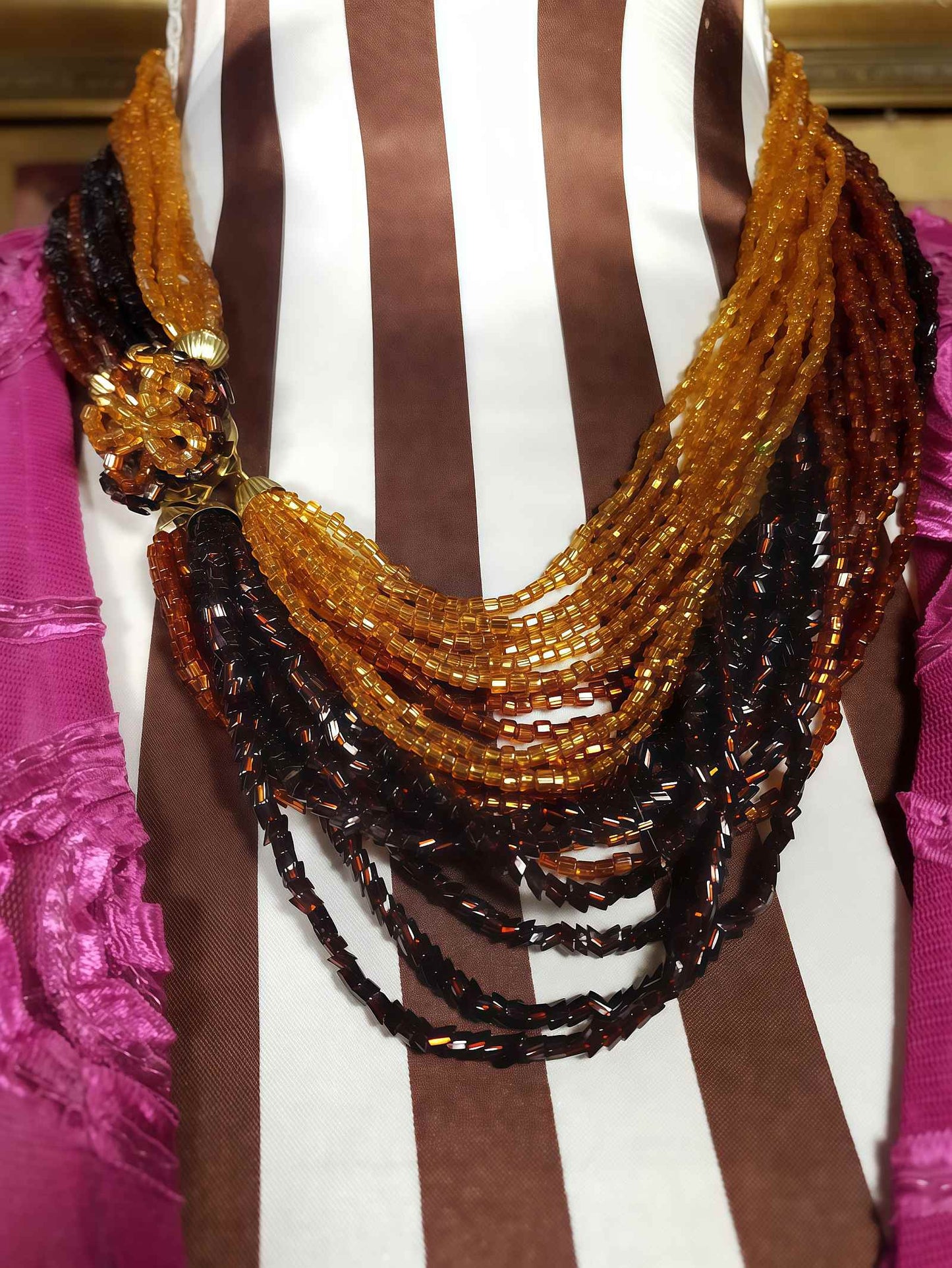 Vintage 1950s Seed Bead Necklace Earrings Set Copper Honey Brown Demi Parure