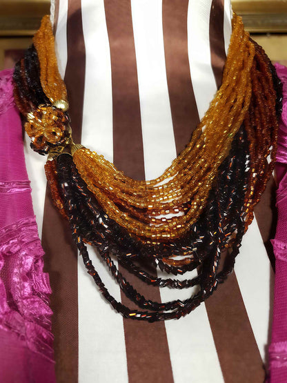 Vintage 1950s Seed Bead Necklace Earrings Set Copper Honey Brown Demi Parure