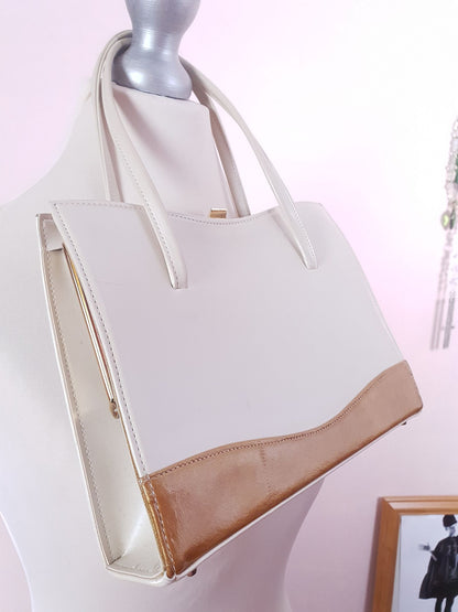 Vintage 1950s Handbag Tote Bag Top Handle Cream and Gold Retro