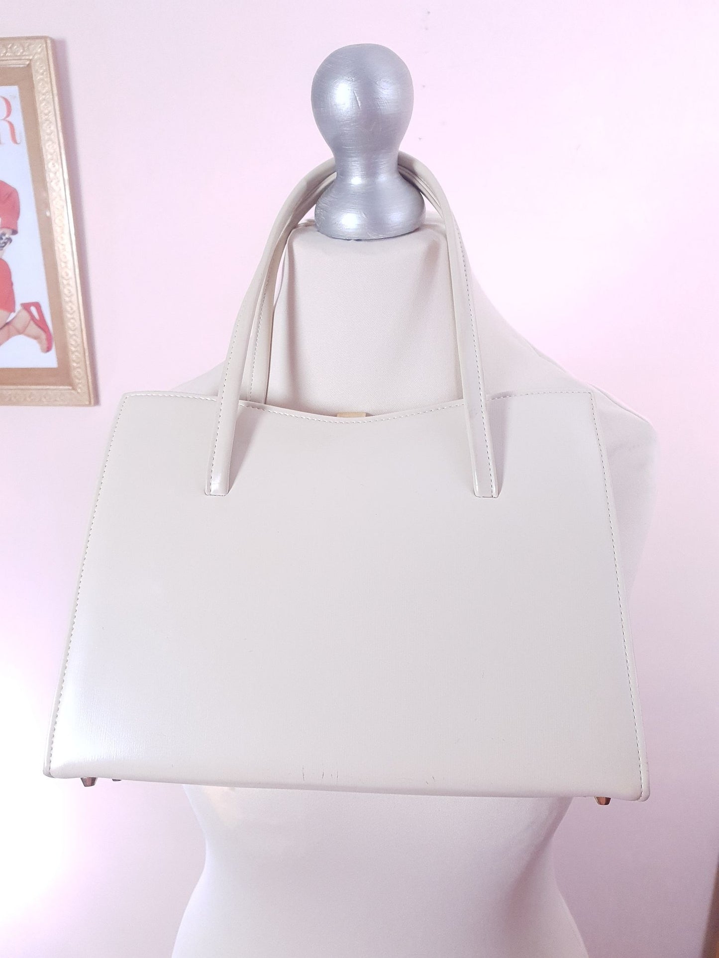 Vintage 1950s Handbag Tote Bag Top Handle Cream and Gold Retro