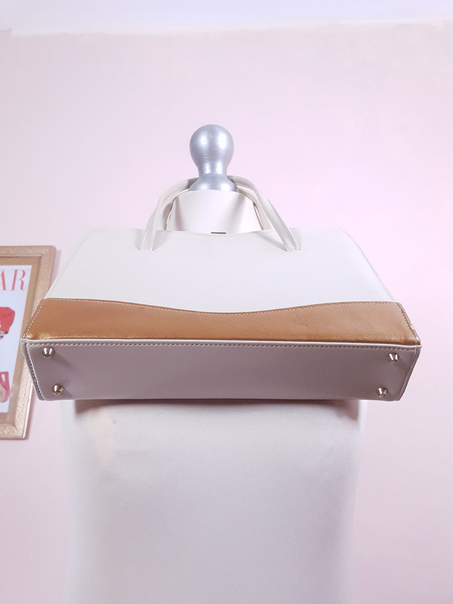 Vintage 1950s Handbag Tote Bag Top Handle Cream and Gold Retro