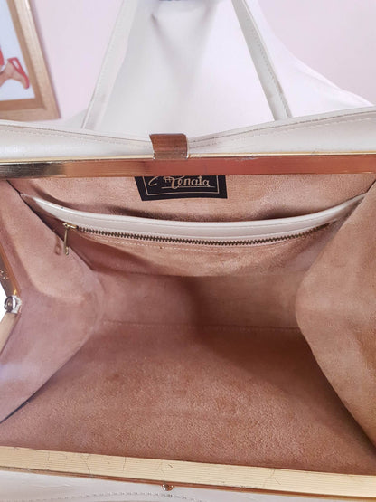 Vintage 1950s Handbag Tote Bag Top Handle Cream and Gold Retro