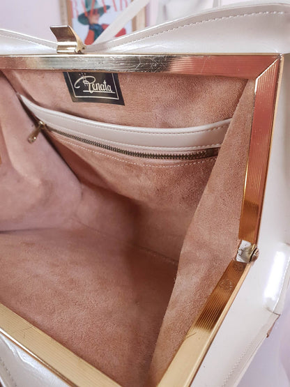 Vintage 1950s Handbag Tote Bag Top Handle Cream and Gold Retro