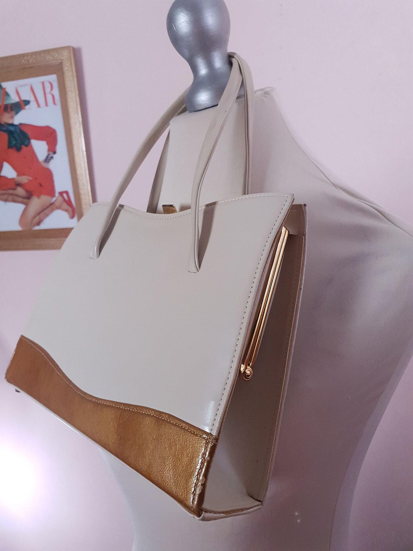 Vintage 1950s Handbag Tote Bag Top Handle Cream and Gold Retro