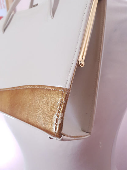 Vintage 1950s Handbag Tote Bag Top Handle Cream and Gold Retro