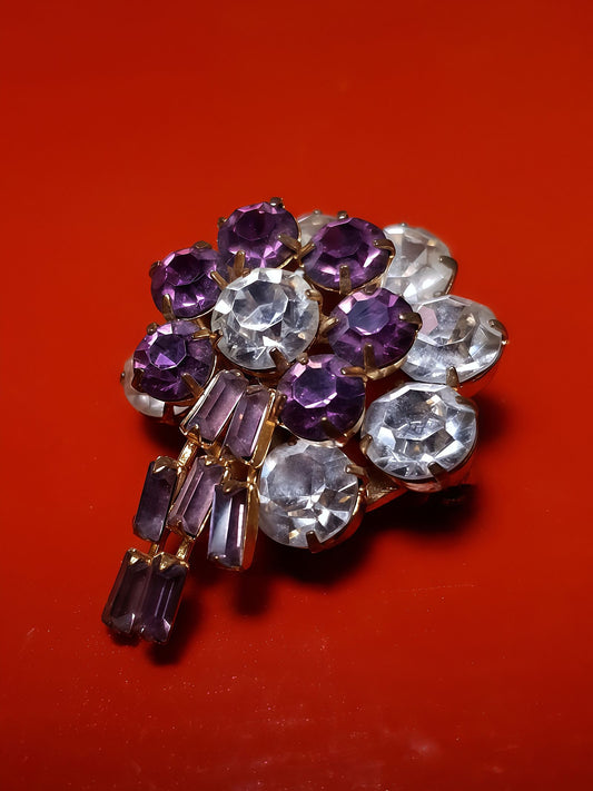 Vintage 1950s Rhinestone Flower Brooch Pin Purple Floral Gold Tone Mid Century