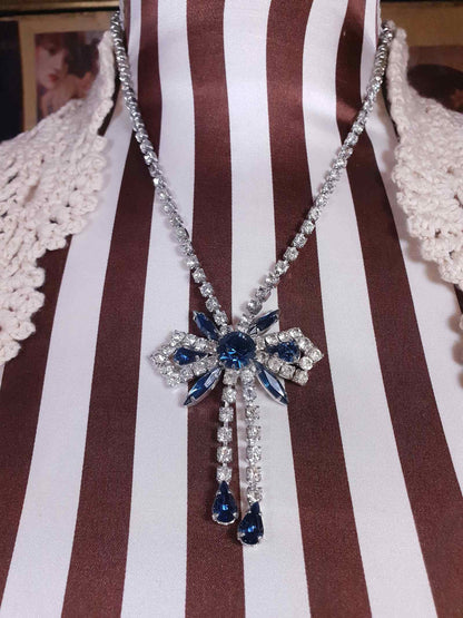 Vintage 1950s Rhinestone Bow Necklace Tassel Blue 15" - 17"