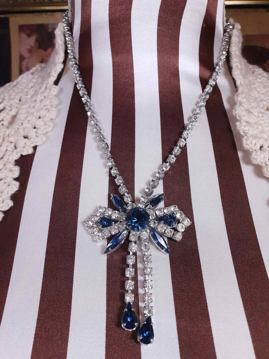 Vintage 1950s Rhinestone Bow Necklace Tassel Blue 15" - 17"