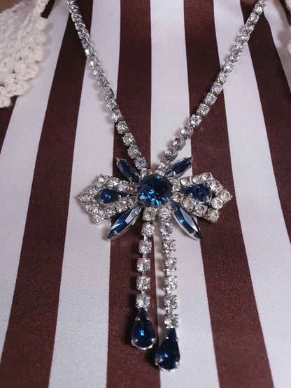 Vintage 1950s Rhinestone Bow Necklace Tassel Blue 15" - 17"