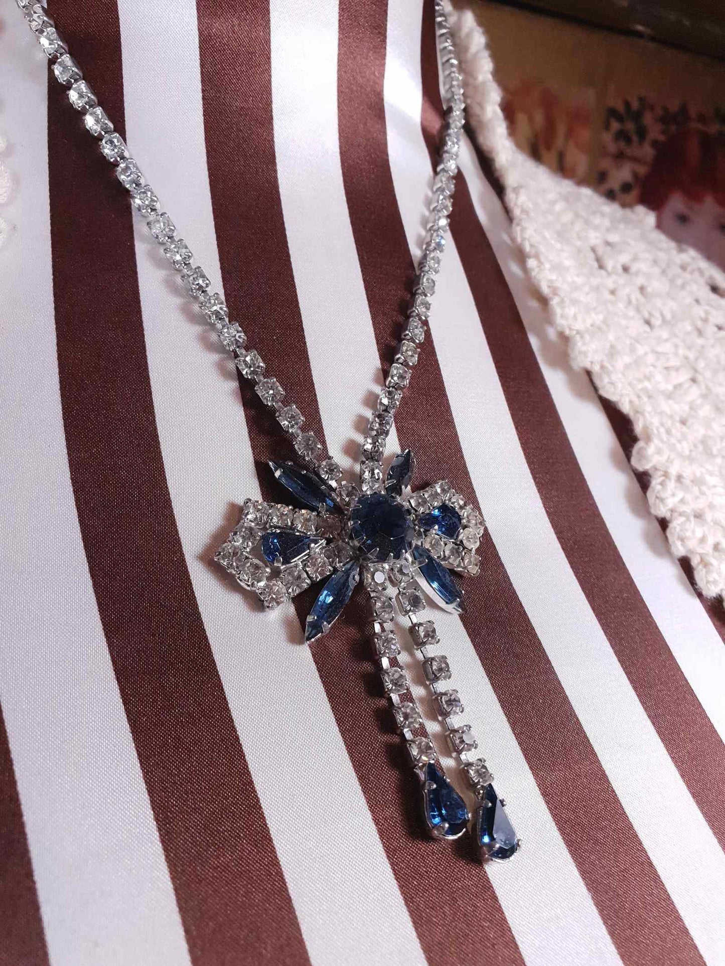 Vintage 1950s Rhinestone Bow Necklace Tassel Blue 15" - 17"