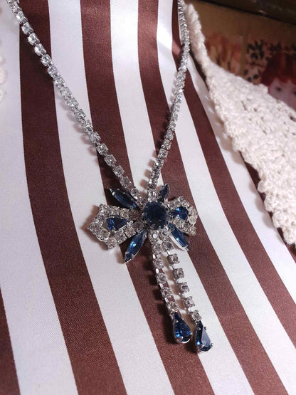 Vintage 1950s Rhinestone Bow Necklace Tassel Blue 15" - 17"